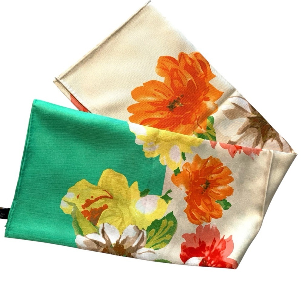 Jim‎ Thompson Silk Scarf Floral Print Green Cream Orange Square Thailand Vintage